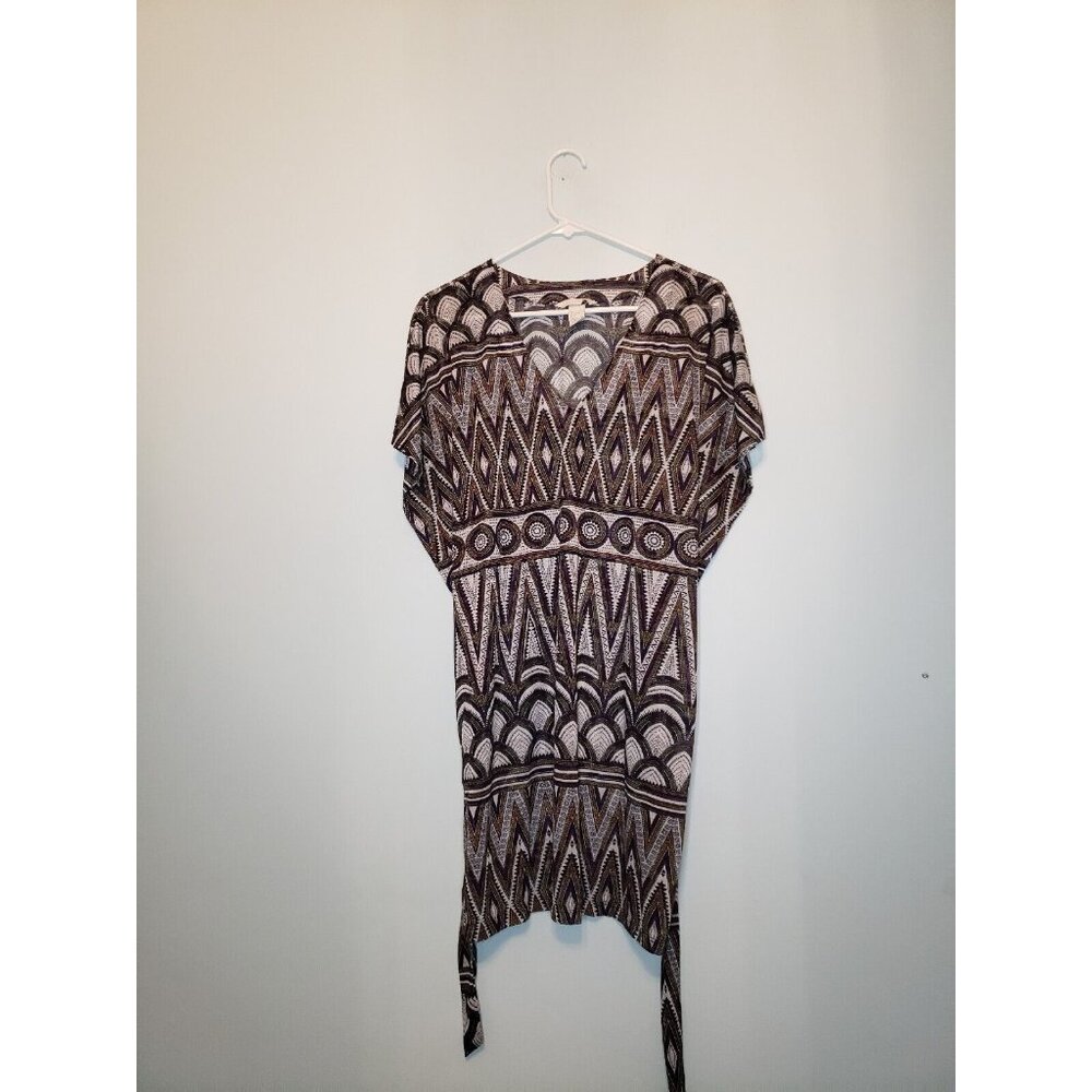 H&M Womens Sz S Sheer Mini Dress Short Sleeve Boho Geometric V Neck Waist Tie